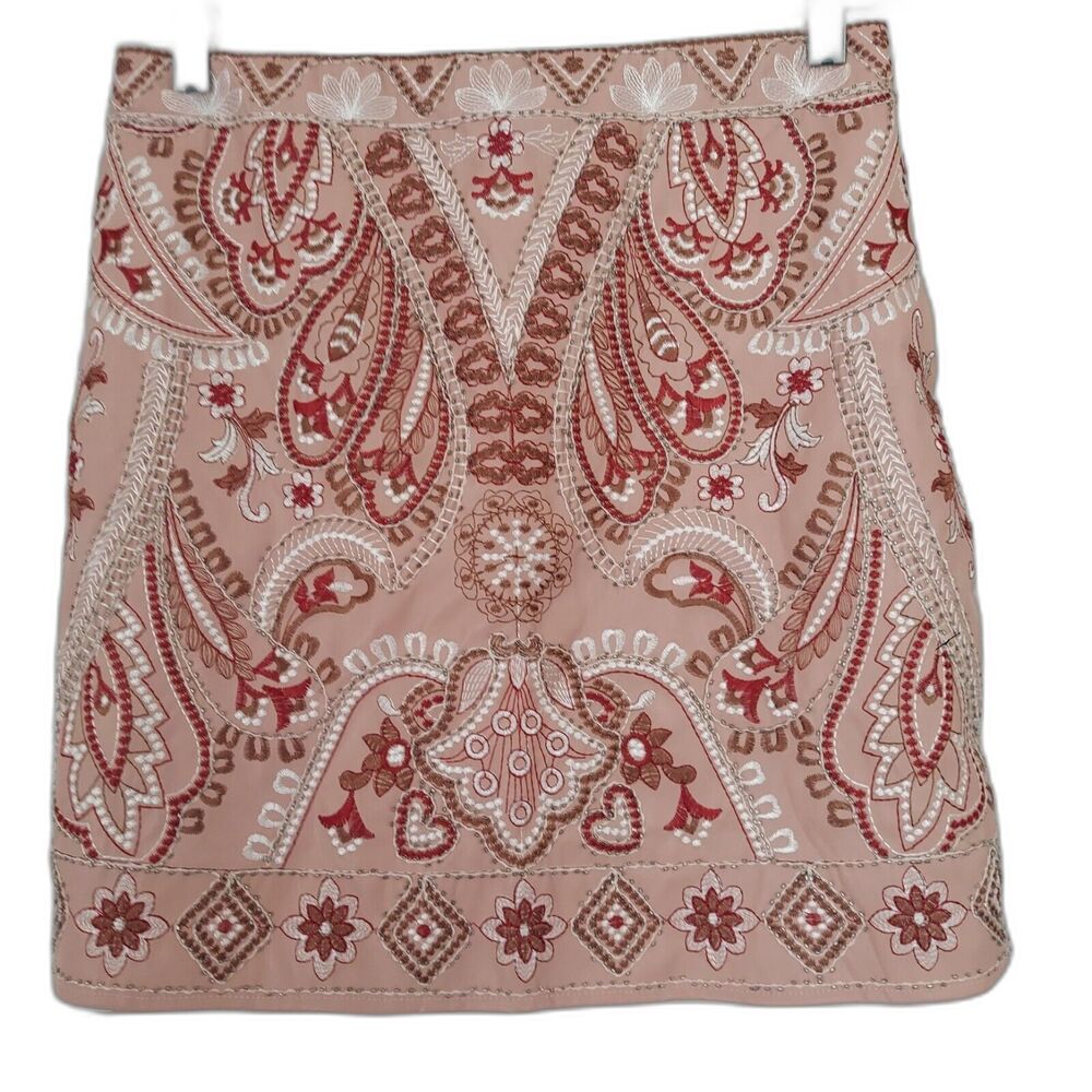 VERTE Embroidered Pink Mini Skirt Pleather Faux Leather Boho Chic Large